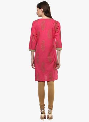 Pink printed cotton long-kurtis 2