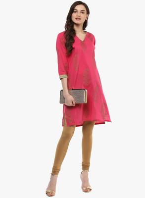 Pink printed cotton long-kurtis 5