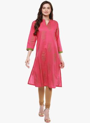 Pink printed cotton long-kurtis 1