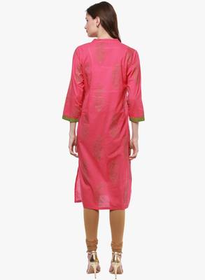 Pink printed cotton long-kurtis 2
