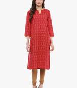 Red printed cotton long-kurtis