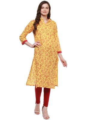Yellow printed cotton long-kurtis 1