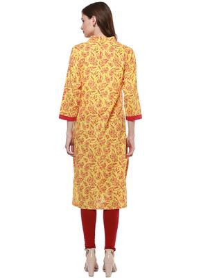Yellow printed cotton long-kurtis 2