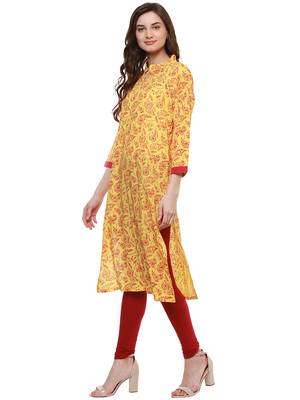 Yellow printed cotton long-kurtis 3