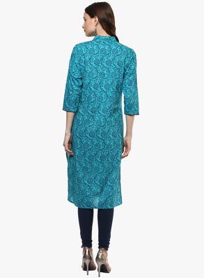 Blue printed cotton long-kurtis 2