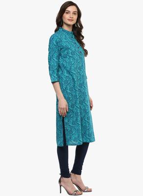 Blue printed cotton long-kurtis 3