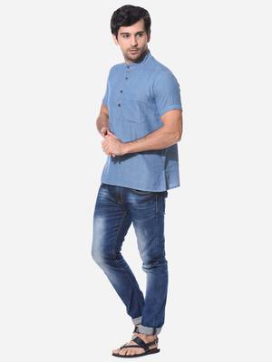 Blue woven cotton men-kurtas 3