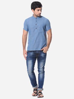 Blue woven cotton men-kurtas 5