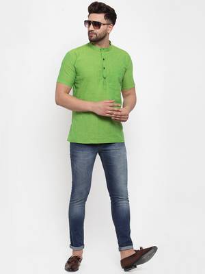 Green woven cotton men-kurtas 5