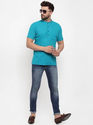 Blue woven cotton men-kurtas 5