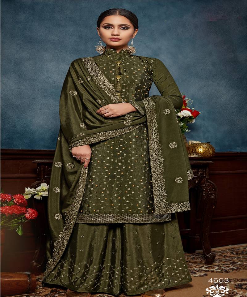 Olive Green Pakistani Palazzo Suit - Vegaa Fashion - 3515022