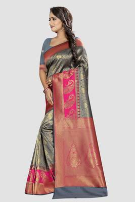 grey woven silk saree with blouse 2