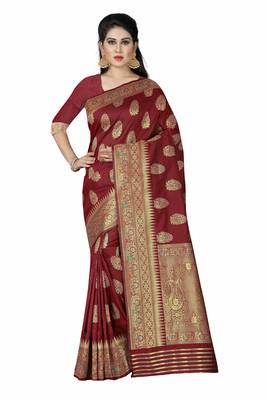maroon woven silk saree with blouse 1
