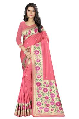 pink woven  silk saree with blouse 1