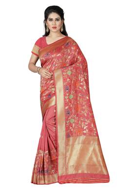 pink woven  silk saree with blouse 1