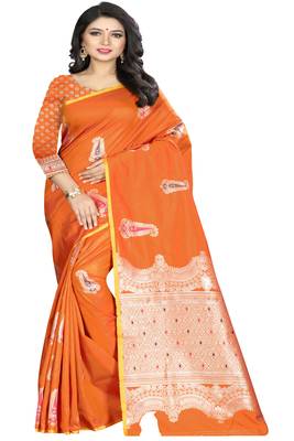orange woven banarasi silk saree with blouse 1