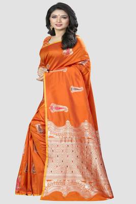orange woven banarasi silk saree with blouse 2