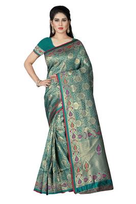 turquoise woven silk saree with blouse 1