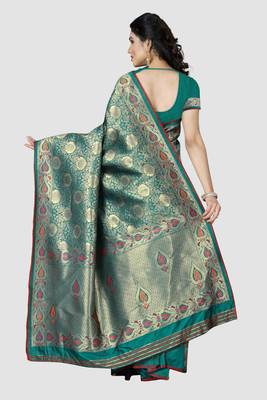 turquoise woven silk saree with blouse 2
