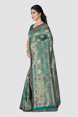 turquoise woven silk saree with blouse 3