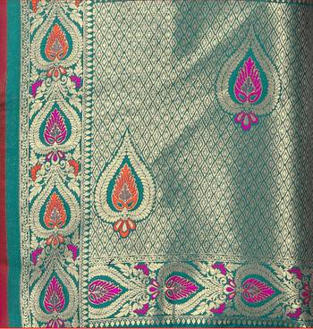 turquoise woven silk saree with blouse 4