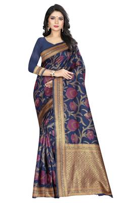 blue woven silk saree with blouse 1