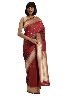 maroon woven  silk saree with blouse 1