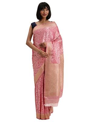 pink woven silk saree with blouse 1