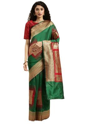 green woven silk saree with blouse 1