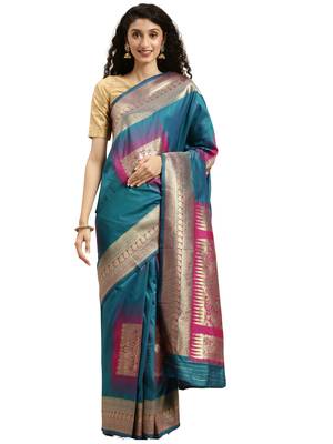 green woven silk saree with blouse 1