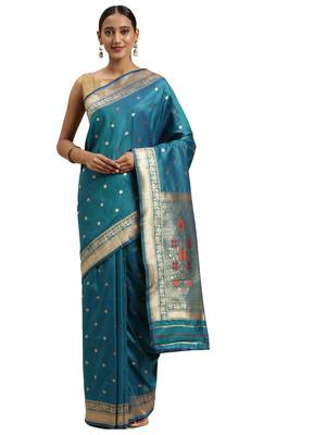 green woven silk saree with blouse 1
