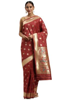 maroon woven silk saree with blouse 1
