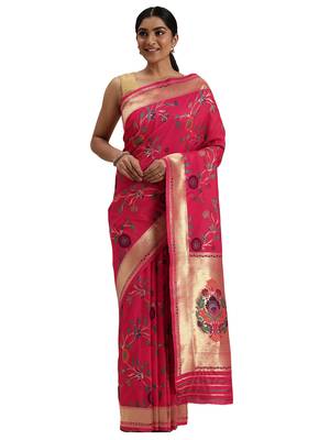 pink woven silk saree with blouse 1