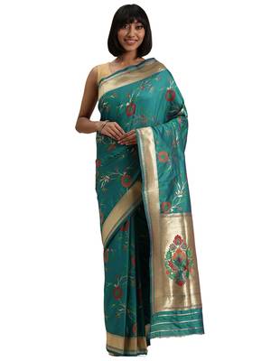 green woven silk saree with blouse 1