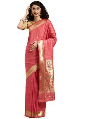 pink woven silk saree with blouse 1