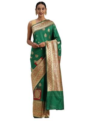 green woven silk saree with blouse 1