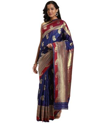blue woven silk saree with blouse 1