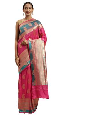 pink woven  silk saree with blouse 1