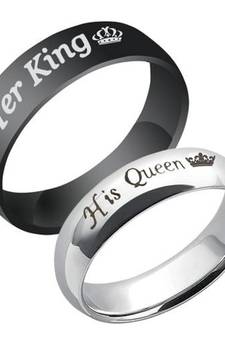 Valentine's Special Her King His Queen Silver & Black Couple Finger Rings For Love (FL185CO)