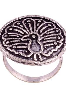 Antique Silver Oxidized Adjustable Peacock Finger Ring for Women/Girls (FL22)
