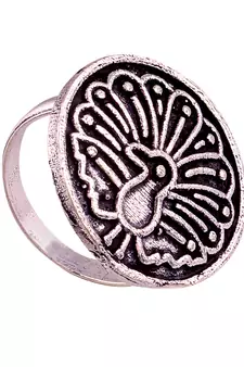 Antique Silver Oxidized Adjustable Peacock Finger Ring for Women/Girls 