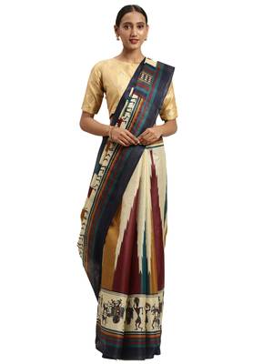 blue printed bhagalpuri silk saree with blouse 1