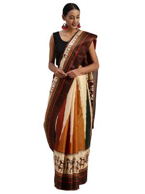 brown printed bhagalpuri silk saree with blouse 1