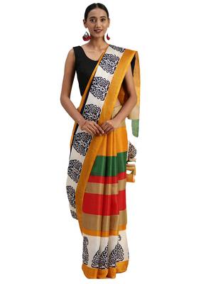 yellow printed bhagalpuri silk saree with blouse 1