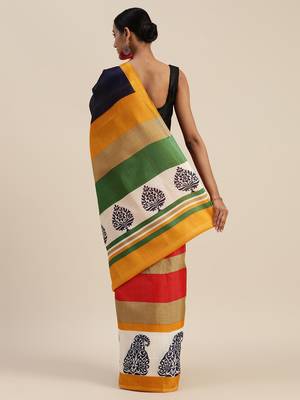 yellow printed bhagalpuri silk saree with blouse 2