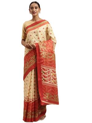 yellow printed bhagalpuri silk saree with blouse 1