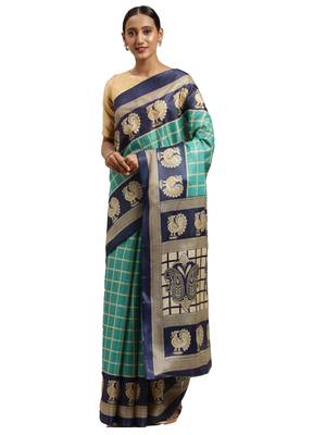 green printed bhagalpuri silk saree with blouse 1