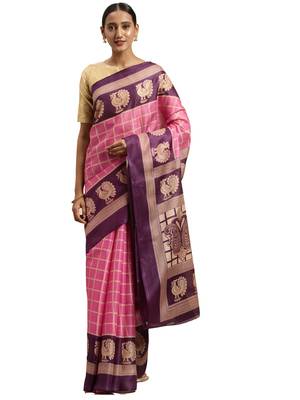 pink printed bhagalpuri silk saree with blouse 1