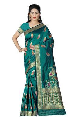 green woven  silk saree with blouse 1