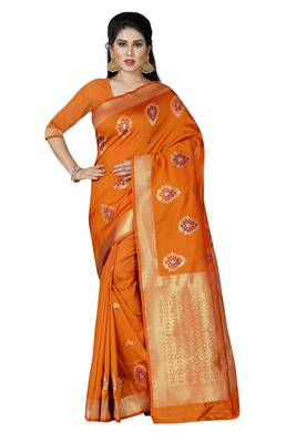 orange woven silk saree with blouse 1